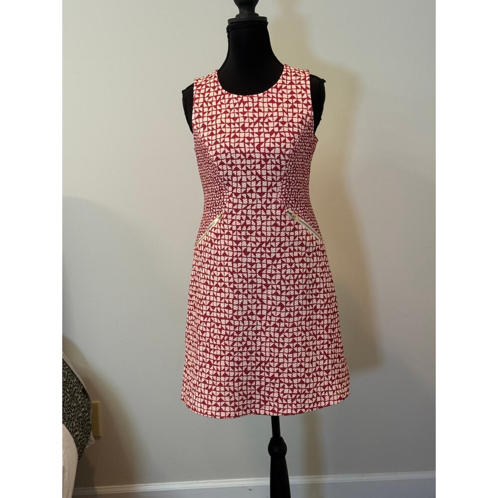 Tabitha for Anthropologie printed sheath dress with a red geomentric pattern